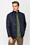 Navy Blue Standard Fit Stand Collar Quilted Pocket Flap Zipper & Snap Fastener Plain Long Sleeve Men's Coat - 5