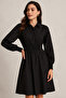 Women's Black Long Sleeve Buttoned Dress with Elastic Waist - 2