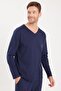 Men's Standard Fit 100% Cotton V-Neck Elastic Waist Navy Blue Pajama Set - 2