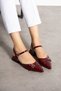 Burgundy Patent Leather Ankle Strap Double Silver Buckle Pointed Toe Low Heel Women's Ballet Shoes - 3