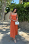 Orange – Cotton Long Summer Women's Dress – Off-The-Shoulder Strap Gathered Unlined