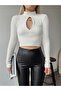 Women's Ecru Turtleneck Blouse with Window Detailing on the Front - 6