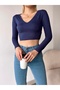 Women's Navy Blue V-Neck Long Sleeve Crop Blouse - 5