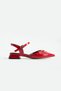 Red Patent Leather Ankle Strap Gold Buckle Pointed Toe Low Heel Women's Ballerina Shoes - 5