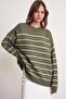 6944 Women's Loose Soft Textured Striped Knitwear Sweater Khaki