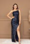 Sequin Sequined Strapless Long Evening Dress - Dark Blue