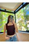 Women's Square Neck Gathered Waist Thick Strap Camisole Brown Blouse