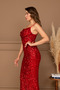 Sequin Sequined Long Evening Dress with Collar Strap - Red - 3