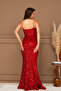 Sequin Sequined Long Evening Dress with Collar Strap - Red - 8