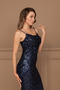 Sequin Embellished Long Evening Dress with Collar Strap - Dark Blue - 5