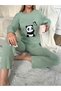 Women's Mint Panda Embroidered Camisole Double Set |   Crew Neck Long Sleeve Tube Leg Home Wear Set |   Corduroy Homewear Pajama Set - 4