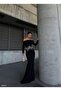 Crepe stone-embellished long cowl neck black dress 583075