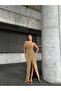 One Shoulder Slit Flowers Fabric Dress Gold 583203