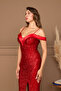 Sequin Sequined Boat Neck Long Evening Dress - Red - 3