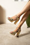 Gold Snake Patterned Thick Heeled Evening Dress Shoes - Platform Sole Women's Heeled Shoes - 2