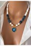 Natural Stone Blue Agate Detail Eye End White Design Necklace - 3