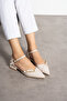Cream Matte Ankle Strap Gold Buckle Pointed Toe Low Heel Women's Ballet Shoes - 2
