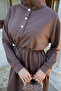 Women's High Collar Snap Fastener Dress Brown - 5