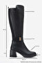 MORENİ Black Leather Stretch Detail Buckled Women's Thick-Heeled Boots - 6