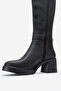MORENİ Black Leather Stretch Detail Buckled Women's Thick-Heeled Boots - 4