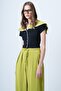 Women's Navy Blue Green Collar Design Buttoned Front Crop Combined Blouse Alc-X14654 - 4