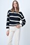 Women's Navy Blue Ecru Boat Neck Regular Fit Striped Blouse Alc-X14660