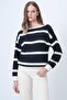Women's Navy Blue Ecru Boat Neck Regular Fit Striped Blouse Alc-X14660 - 4