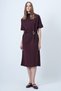 Women's Burgundy Stand Collar Short Sleeve Belted Midi Length Knitted Dress Alc-X14634 - 5