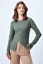 Women's Khaki Crew Neck Front Slit Button Detail Ottoban Blouse Alc-X14345 - 2