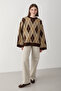 Women's Brown Oversize Argyle Patterned Knitwear Sweater - 2