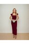 Women's Burgundy Collar with Stone Detail Atlas Fabric Long Length Wedding Engagement Prom Dinner Dress - 5