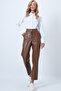 Women's Brown Double Pocket Front Trimmed Leather Trousers ALC-X14514 - 5