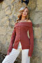 Women's Tile Madonna Collar Front Slit Knitted Blouse Alc-X14527