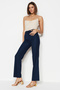 Lacivert Straight/Düz Kesim Yüksek Bel Nervür Dikişli Dokuma Pantolon TWOSS21PL0093 - 3