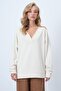 Women's Ecru V-Neck Double-Breasted Oversized Sweatshirt Alc-X14555 - 3