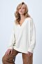 Women's Ecru V-Neck Double-Breasted Oversized Sweatshirt Alc-X14555 - 6
