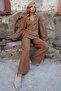 Brown Double-Breasted V-Neck Jacket and Trousers Set with Tie Detail Alc-X14484 - 4