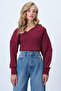 Women's Burgundy Front Back V Neck Asymmetrical Cut Blouse Alc-X14564 - 3