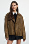 Kahverengi Oversize Kalıp Yıkama Efekctli Suni Deri Biker İnce Ceket Mont TWOAW25MO00010 - 6