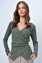 Khaki Double-Breasted Cut V-Neck Brooch Detailed Ottoban Blouse Alc-X14337 - 3