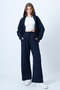 Women's Navy Blue Hooded Zipper Jacket and High Waist Wide Leg Pants Set Alc-X14606 - 5