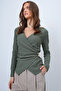 Khaki Double-Breasted Cut V-Neck Brooch Detailed Ottoban Blouse Alc-X14337 - 2