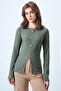 Women's Khaki Crew Neck Front Slit Button Detail Ottoban Blouse Alc-X14345 - 3