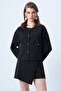 Black Double Pocket Textured Jacket and Wrap-Cut Shorts Skirt Set Alc-X14548 - 5