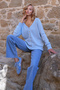 Blue Front Back V-Neck Button Detailed Knitwear Blouse Alc-X14467