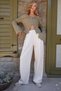 Women's Cream Pleated Detailed Knitted Palazzo Pants Alc-X14535 - 4