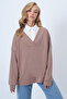 Women's Biscuit V-Neck Double-Breasted Cut Oversize Sweatshirt Alc-X14555 - 3