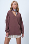 Brown V-Neck Double-Breasted Oversized Sweatshirt Alc-X14555 - 4