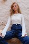 Women's White Crew Neck Cuffs Button Detail Cotton Blouse Alc-X14473 - 6