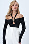 Black Halter Neck Sandy Blouse with Metal Accessories Alc-X14500
